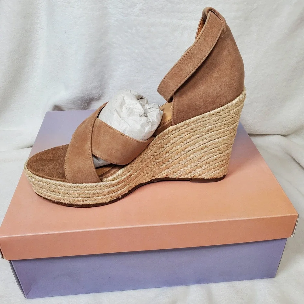 Lisa Vicky Gemi Platform Wedge Sandal Kid Suede Leather Cognac Women's 8.5 M NWB